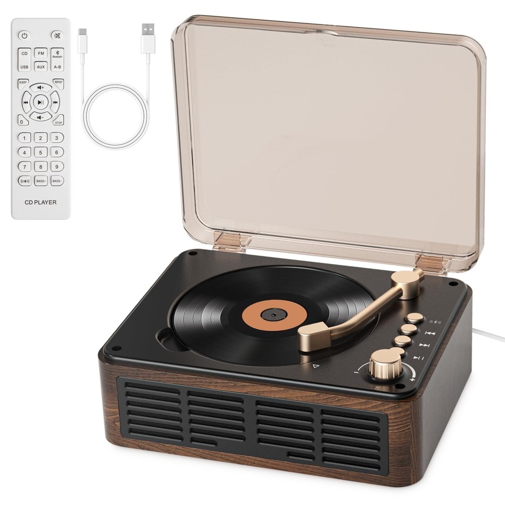Vintage Wood CD Player Bluetooth Transmitter FM Radio Remote Control Brown